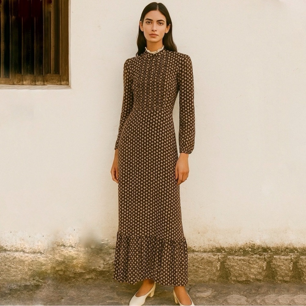 VINTAGE OOPS CALIFORNIA FARM FLORAL MAXI LONG SLEEVE MOCKNECK LACE DRESS SIZE XS